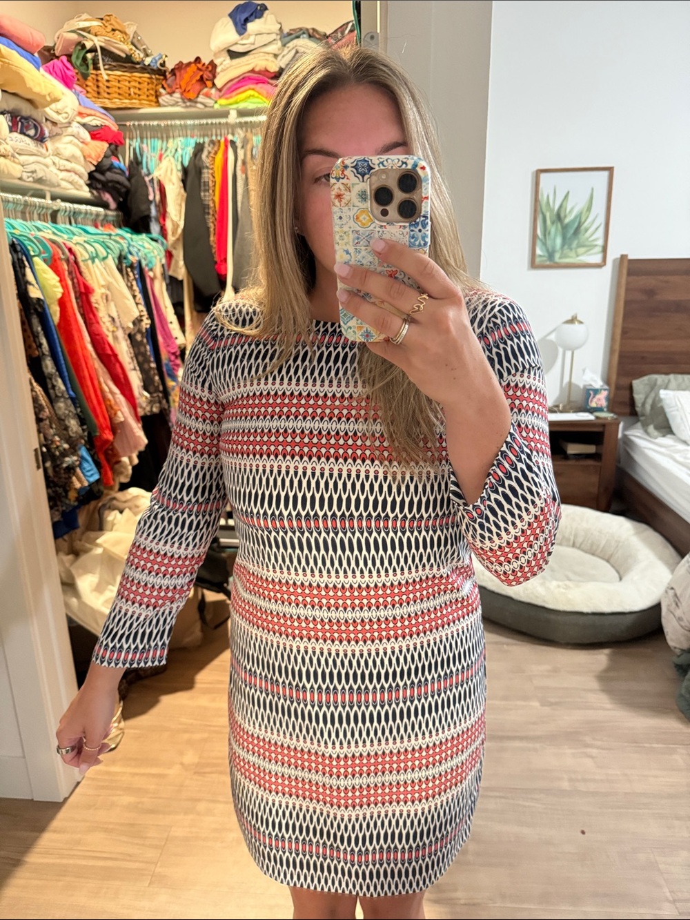 JCrew Striped Pattern Long-Sleeve Shift Dress in Navy, White & Coral